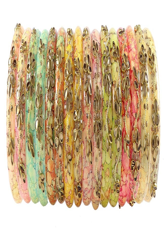 ZULKA Get your traditions Acrylic (Plastic) with Zircon Gemstone Or Beads Studded worked Glossy Finished Kada Set For Women and Girls, (MultiColour_2.4 Inches), Pack Of 16 Kada Set - Image 1