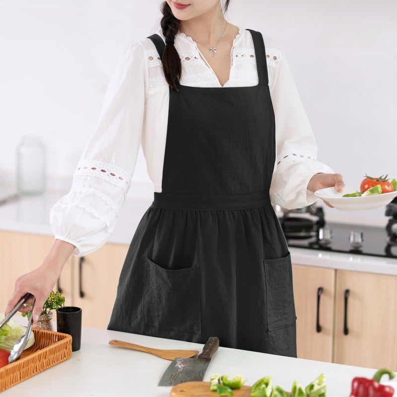 Pinknoke Cotton Linen Pinafore Apron Dress for Women with Pockets Cute Art Chef Aprons for Kitchen Baking Gardening Painting - Image 3