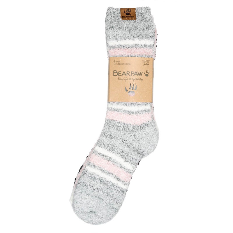 BEARPAW 4 Pair Pack Cozy Super Soft Lounge Socks Multi Pattern Crew Socks, Pink Stripe - Image 3