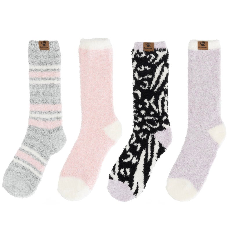 BEARPAW 4 Pair Pack Cozy Super Soft Lounge Socks Multi Pattern Crew Socks, Pink Stripe - Image 4