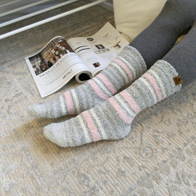 BEARPAW 4 Pair Pack Cozy Super Soft Lounge Socks Multi Pattern Crew Socks, Pink Stripe - Image 2