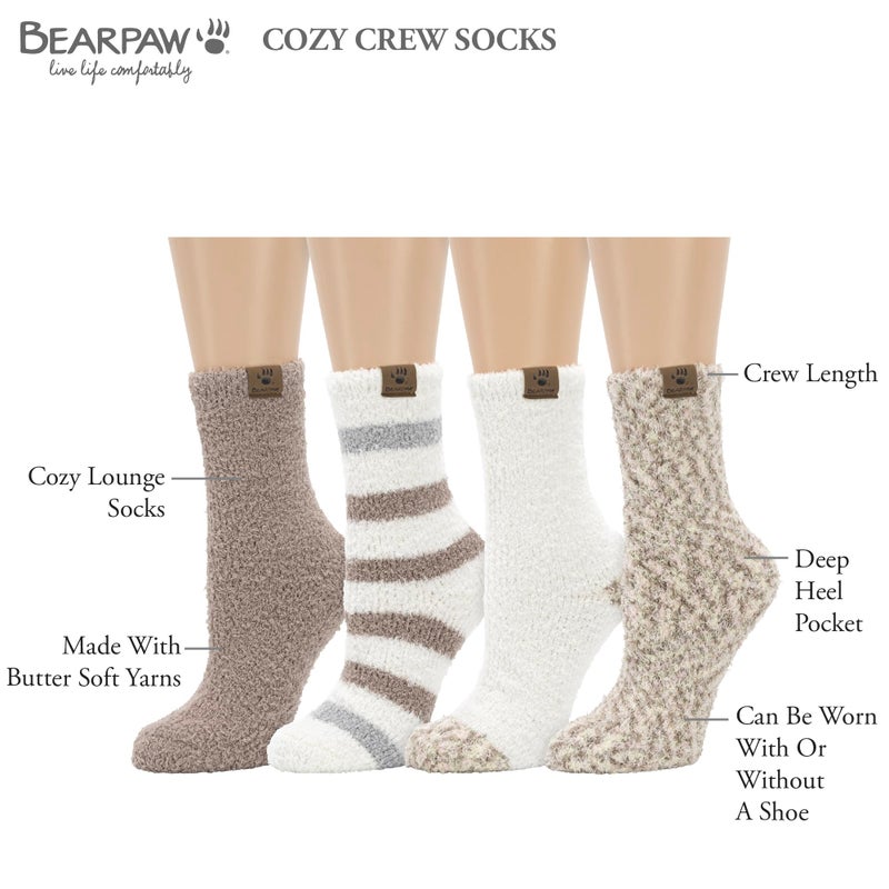 BEARPAW 4 Pair Pack Cozy Super Soft Lounge Socks Multi Pattern Crew Socks, Pink Stripe - Image 5