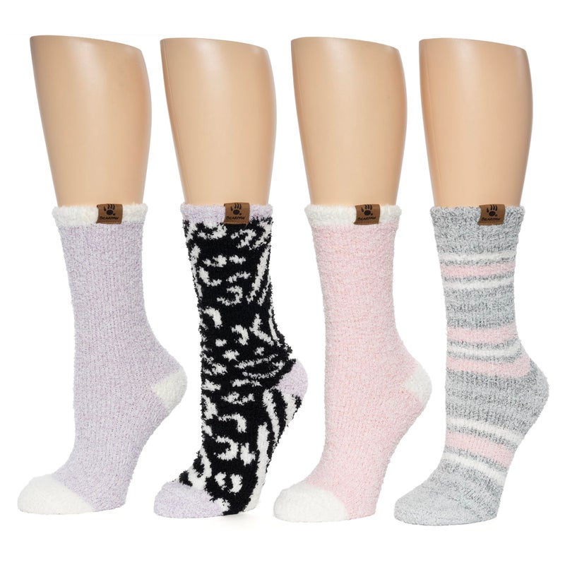 BEARPAW 4 Pair Pack Cozy Super Soft Lounge Socks Multi Pattern Crew Socks, Pink Stripe - Image 1