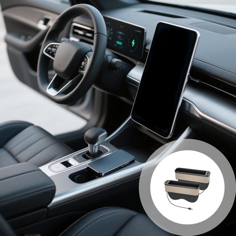 Storage Box Beige, with Dual USB Fast Charging Ports Car Seat Gap Organizer, Drink Items Accessories, Fits Between Front Seats, Includes Led Ambient Light and Sponge Protection - Image 4