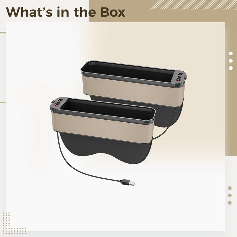Storage Box Beige, with Dual USB Fast Charging Ports Car Seat Gap Organizer, Drink Items Accessories, Fits Between Front Seats, Includes Led Ambient Light and Sponge Protection - Image 3
