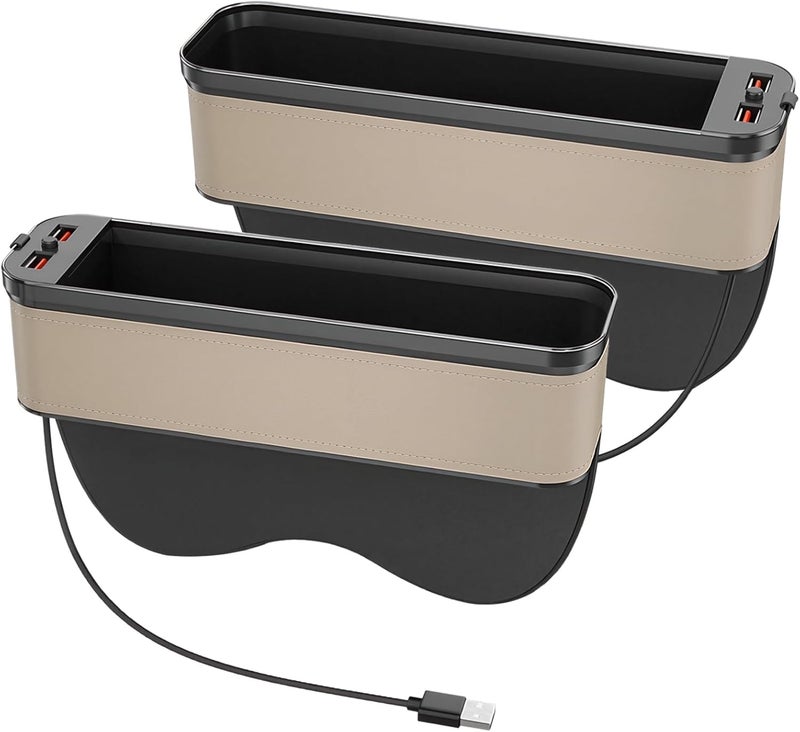 Storage Box Beige, with Dual USB Fast Charging Ports Car Seat Gap Organizer, Drink Items Accessories, Fits Between Front Seats, Includes Led Ambient Light and Sponge Protection - Image 1