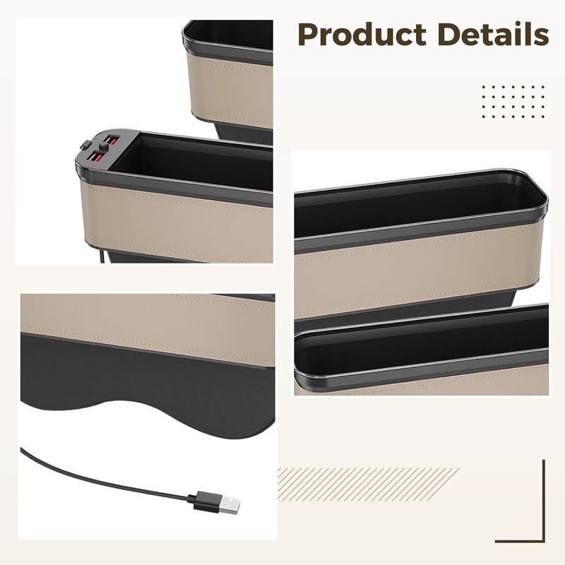 Storage Box Beige, with Dual USB Fast Charging Ports Car Seat Gap Organizer, Drink Items Accessories, Fits Between Front Seats, Includes Led Ambient Light and Sponge Protection - Image 2