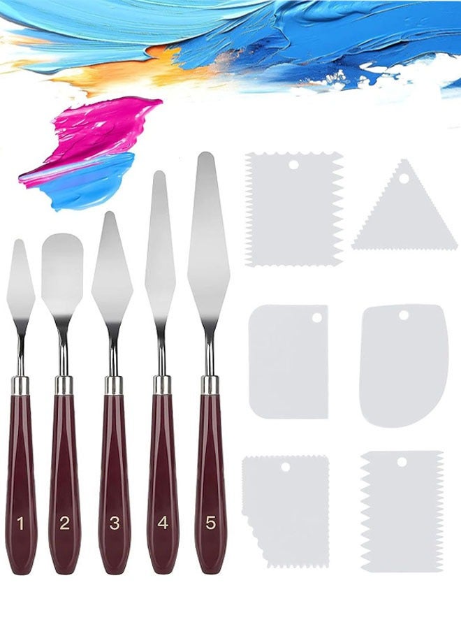 11 Pcs Palette Knife Set, 5 Pcs Stainless Steel Palette Knives and 6 Pcs Plastic Scrapers, Painting Accessories for Oil Acrylic Canvas Painting Color Mixing Thick Paint Applications - Image 1