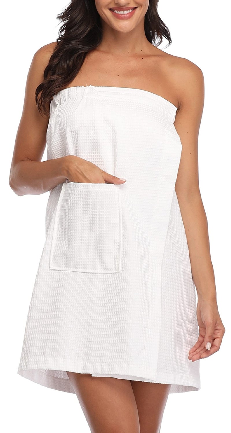 sunshinemall Womens Lightweight Bath Shower Wrap Waffle Spa Robes Bathrobe Quick Dry Cover Up with Adjustable Closure White SmallMedium