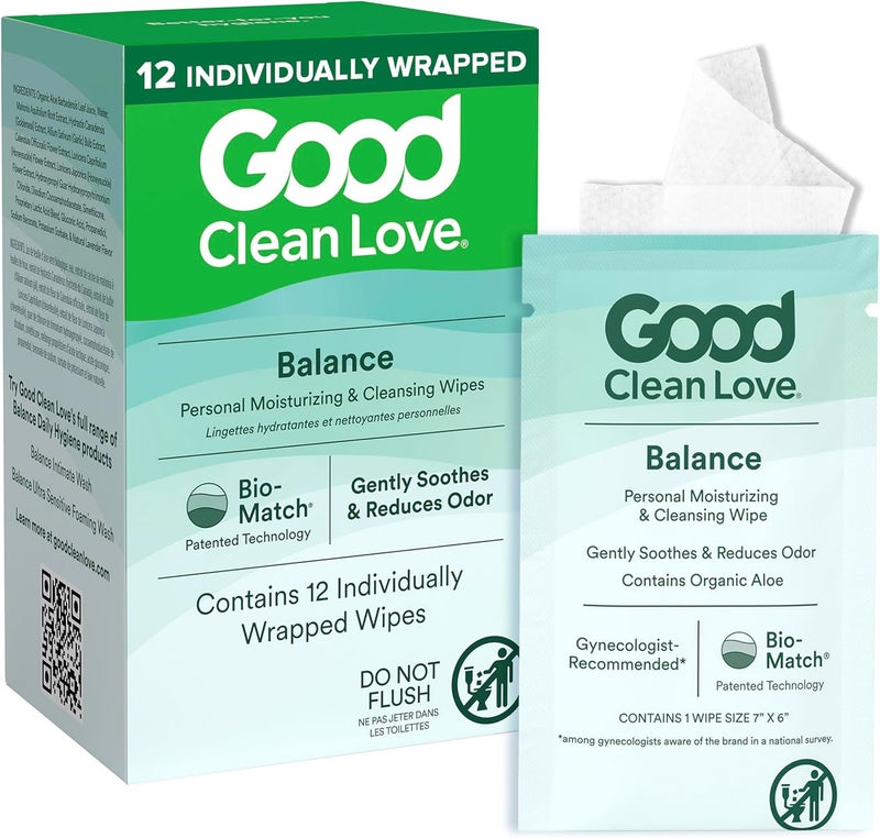 Good Clean Love Balance Personal Moisturizing & Cleansing Wipes - 12 Individually Wrapped Wipes - Image 1