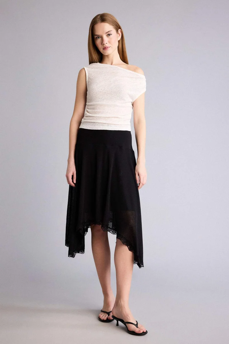 DeFacto Asymmetric Crepe Normal Waist Midi Knitted Skirt