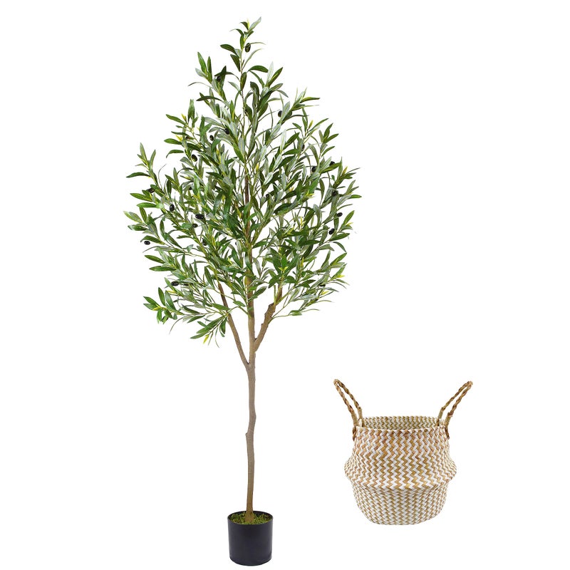 Warmplants Artificial Olive Tree, 6ft Tall Fake Olive Leaves Plant with Basket, Indoor Outdoor Faux Olive Topiary Silk Tree for Home Livingroom Office DÃ©cor - Image 1