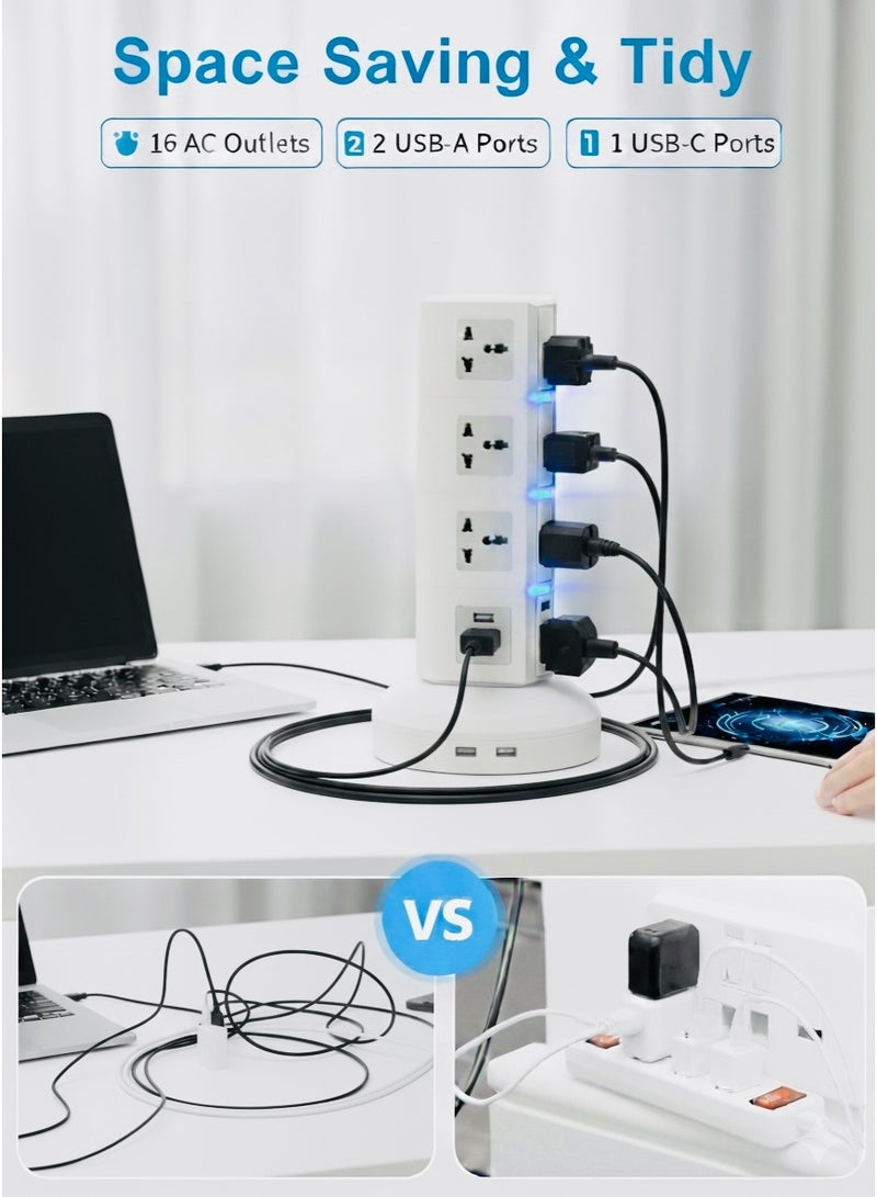 Tower Power Strip Surge Protector 3-Meter (10FT) Extension Cord, 16 Outlets 2 USB Ports & 1 USB-C Four-Layer Multiple Outlet Charging Station for Home Office Bedroom and Kitchen - Image 4
