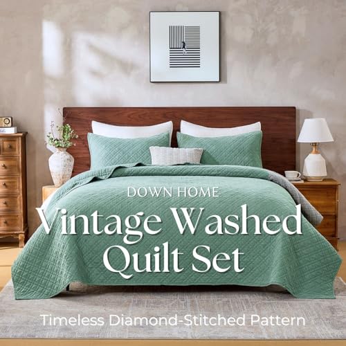 DOWN HOME Queen Quilt Set with Shams Lightweight Quilted Bedspread Coverlet Thin Comforter Bed Cover Vintage Washed Quilted Blanket for All Season, Brushed Microfiber Diamond Stitching, Green, 88"x92" - Image 2