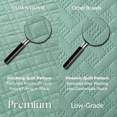 DOWN HOME Queen Quilt Set with Shams Lightweight Quilted Bedspread Coverlet Thin Comforter Bed Cover Vintage Washed Quilted Blanket for All Season, Brushed Microfiber Diamond Stitching, Green, 88"x92" - Image 3