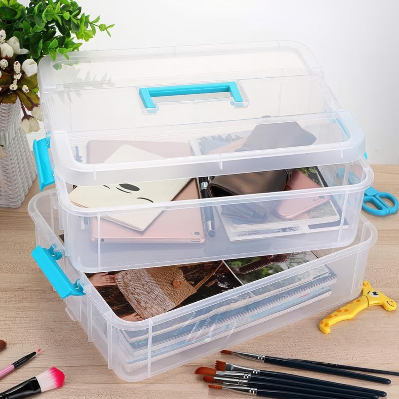 flymore 2 Layer Plastic Storage Containers with Lids, Multipurpose Clear Stack & Carry Box, Portable Craft Organizers, and Storage Bin for Organizing Arts & Crafts, Sewing, stationery box (Pack Of 2) - Image 4