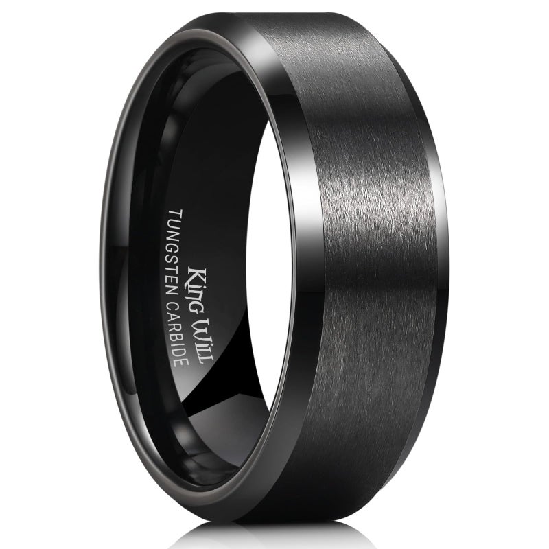 King Will 8mm Men's Black Wedding Ring - Brushed Matte Surface, Beveled Polished Edge, Comfort Fit Size 8 - Image 1