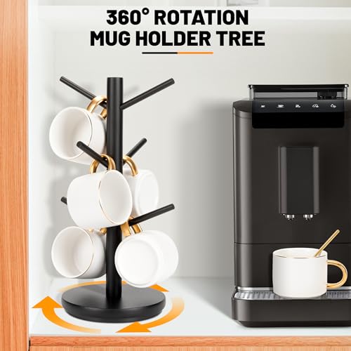 MyLifeUNIT Mug Holder Tree, 360° Rotated Coffee Cup Holder with 6 Hooks, Wooden Coffee Mug Holder Organizer for Counter Top, Coffee Bar Accessories (Black) - Image 2