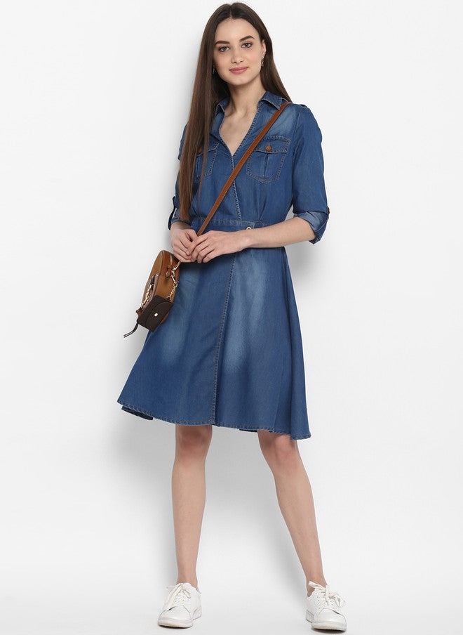 StyleStone فستان قميص جينز أزرق سادة للنساء من ستايل ستون - Image 5