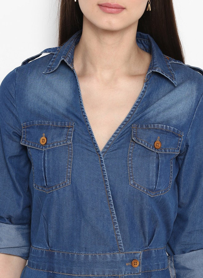 StyleStone فستان قميص جينز أزرق سادة للنساء من ستايل ستون - Image 2