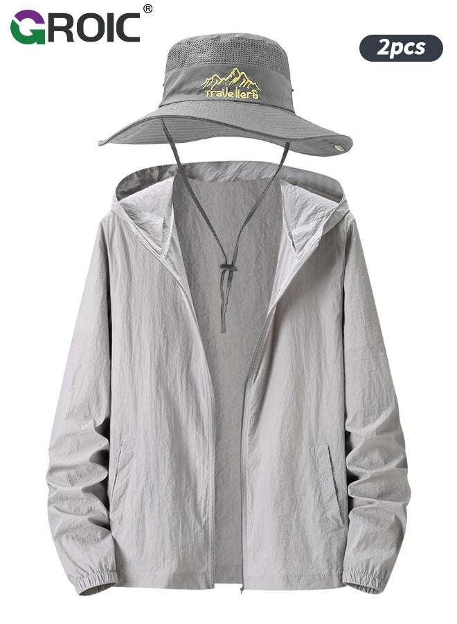 GROIC Men's Sun Hats UV Protection Summer Hat，Wide Brim UPF50+ Fishing Boonie Hat Waterproof Packable Bucket Cap with Sunscreen Clothing,Sun Protection Jacket,Sunscreen Suit  - Image 1
