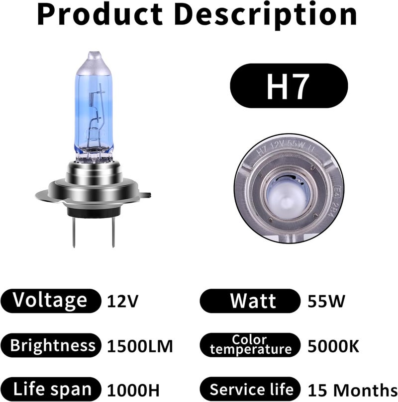 NEWBROWN مصباح هالوجين NEWBROWN H7 مع ضوء أبيض فائق، عمر 1200 ساعة، 12V/55W، 4800K، عبوة 2 - Image 3