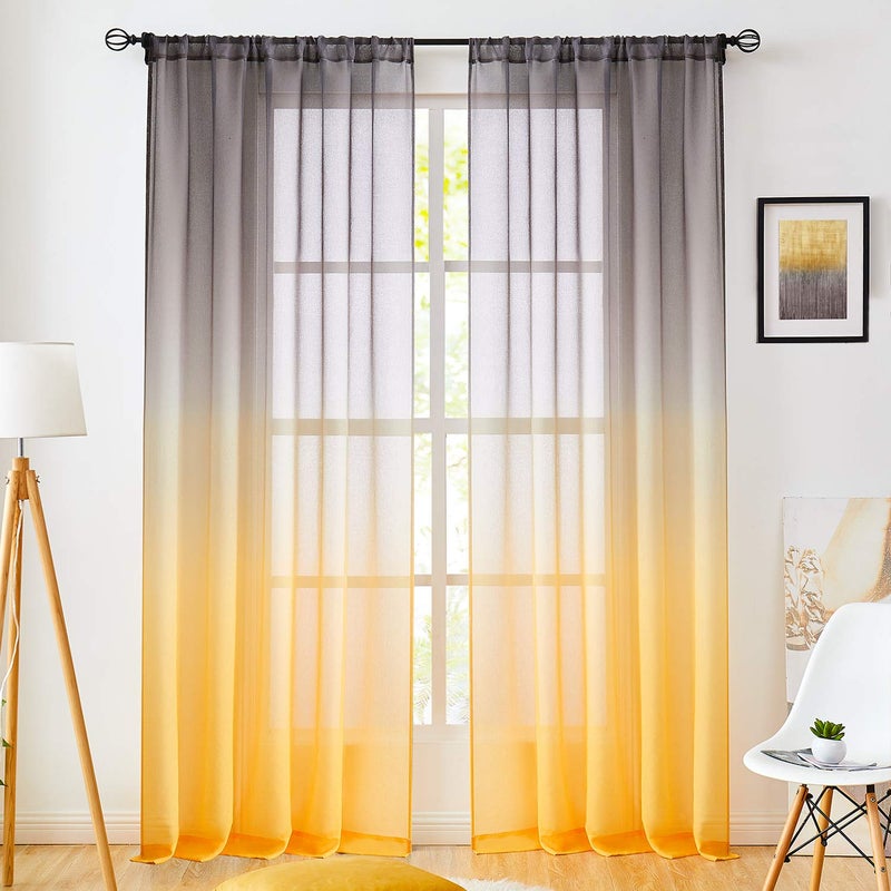 July Joy Faux Linen Ombre Sheer Curtains Yellow and Grey 2 Tone Reversible Rod Pocket for Bedroom Living Room, Privacy and Light Filtering Semi Sheer Gradient Window Curtain Pair, Set of 2 Panels - Image 1