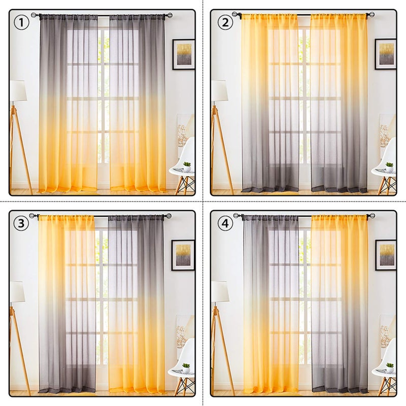 July Joy Faux Linen Ombre Sheer Curtains Yellow and Grey 2 Tone Reversible Rod Pocket for Bedroom Living Room, Privacy and Light Filtering Semi Sheer Gradient Window Curtain Pair, Set of 2 Panels - Image 2