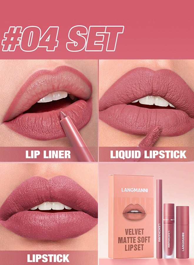 LANGMANNI Velvet Matte Soft Lip Set ,3 in 1 Matte Soft Lip Set Lip Liner Liquid Lip Gloss and Lipstick Combo Set Soft Smooth Natural Lip Contour Set Waterproof and Long Lasting Effect All in One Lip Makeup Gift Set 04 - Image 2