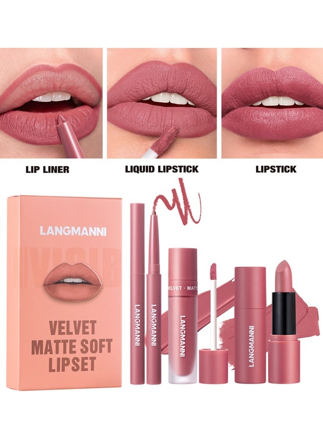 LANGMANNI Velvet Matte Soft Lip Set ,3 in 1 Matte Soft Lip Set Lip Liner Liquid Lip Gloss and Lipstick Combo Set Soft Smooth Natural Lip Contour Set Waterproof and Long Lasting Effect All in One Lip Makeup Gift Set 04 - Image 1