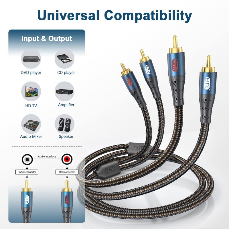 EMK RCA Cable Subwoofer Cable 2RCA Male to 2RCA Male Stereo Audio Cable RCA Splitter 24K Gold-Plated Nylon Braided Double Shielded Digital Analogue Supports Amplifiers,Home Theater,Hi-Fi System(3.3ft/1m) - Image 3