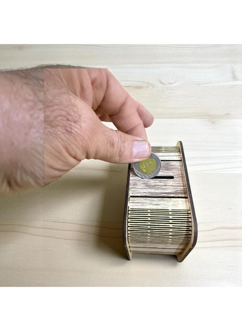 Stylish wooden piggy bank – safe for children, you can engrave a name on it, easy slot for money and a base for silverware