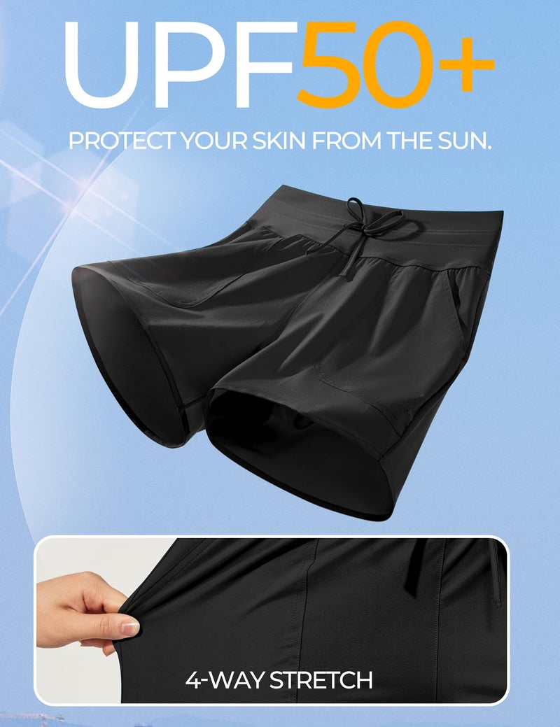 IUGA Womens 5" Swim Board Shorts Stretchy High Waisted Beach Shorts for Women Quick Dry UPF 50+ Swimsuit Bottoms with Liner Black - Image 3