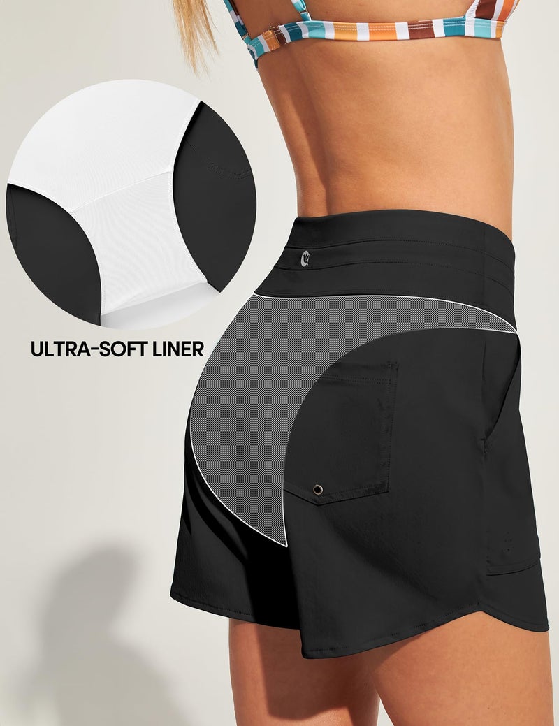 IUGA Womens 5" Swim Board Shorts Stretchy High Waisted Beach Shorts for Women Quick Dry UPF 50+ Swimsuit Bottoms with Liner Black - Image 4
