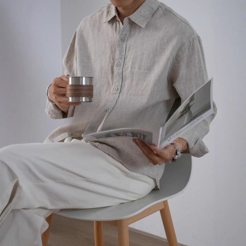 Men's Solid Linen Texture Shirt, Breathable and Cooling, Long Sleeve, Loose Fit - Image 4