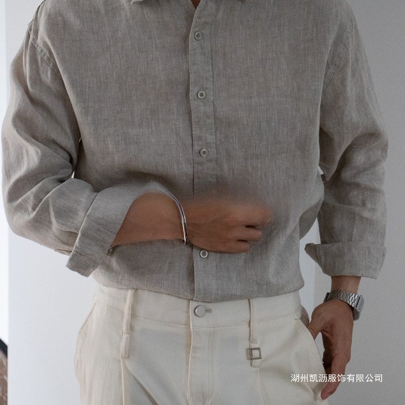 Men's Solid Linen Texture Shirt, Breathable and Cooling, Long Sleeve, Loose Fit - Image 1