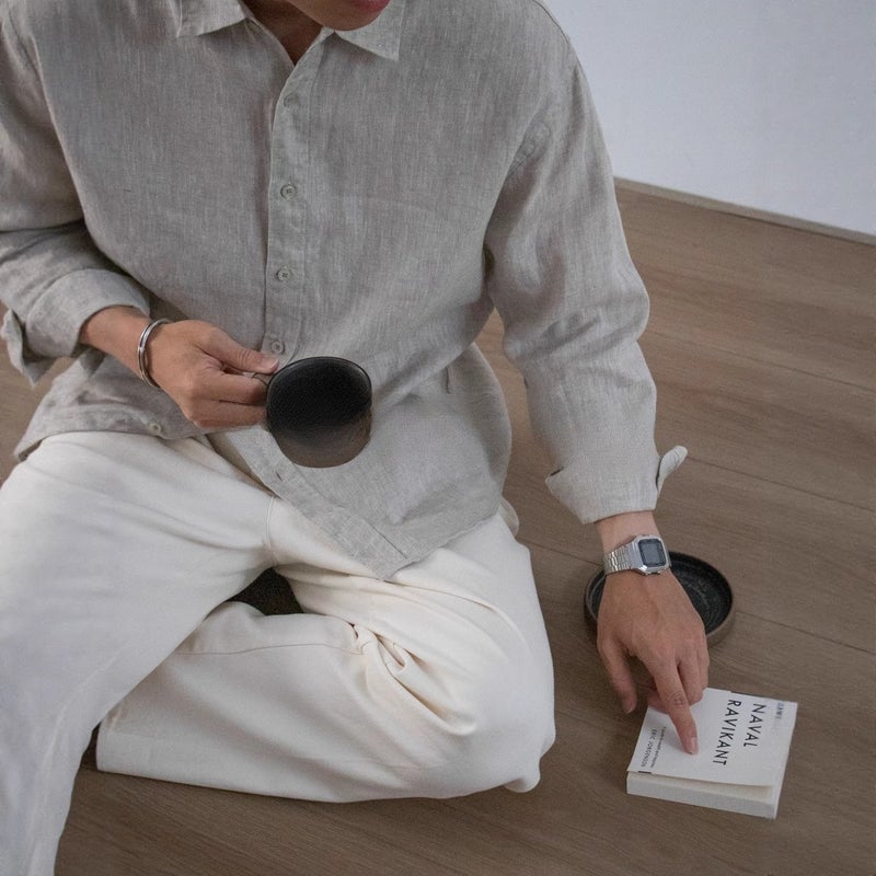 Men's Solid Linen Texture Shirt, Breathable and Cooling, Long Sleeve, Loose Fit - Image 3