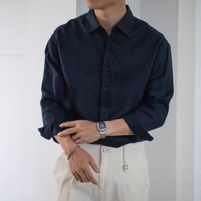Men's Solid Linen Texture Shirt, Breathable and Cooling, Long Sleeve, Loose Fit - Image 2
