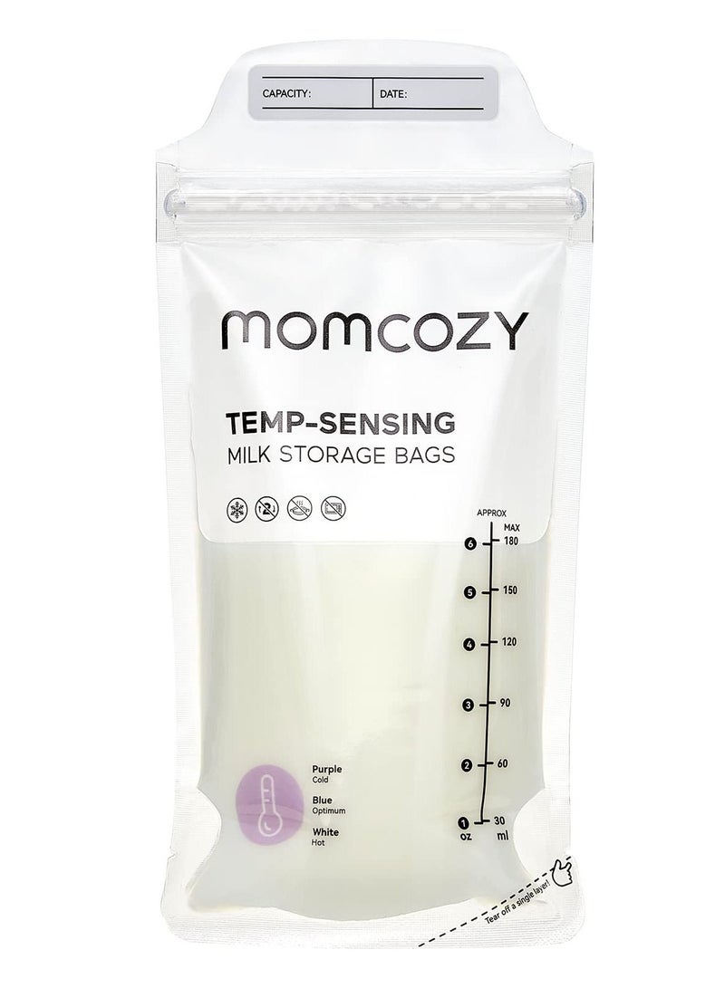 Momcozy 50pcs Baby Self-standing Bottom Design Breast Milk Storage Bags with Double Zipper and Temp-Sensing Discoloration BPA Free 180ml - Image 1