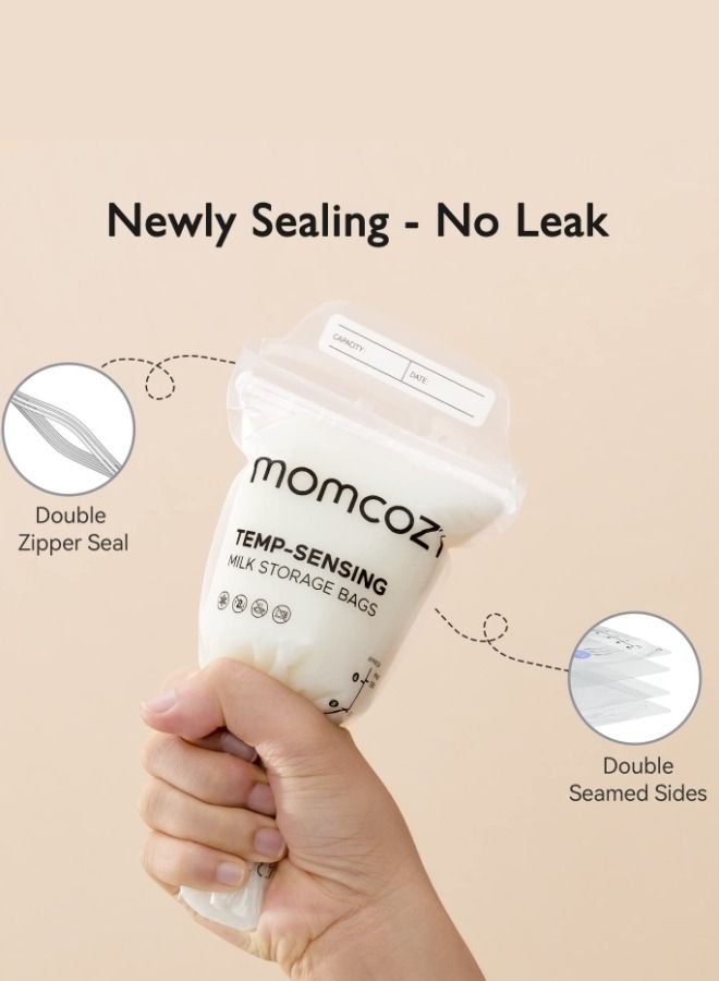 Momcozy 50pcs Baby Self-standing Bottom Design Breast Milk Storage Bags with Double Zipper and Temp-Sensing Discoloration BPA Free 180ml - Image 2