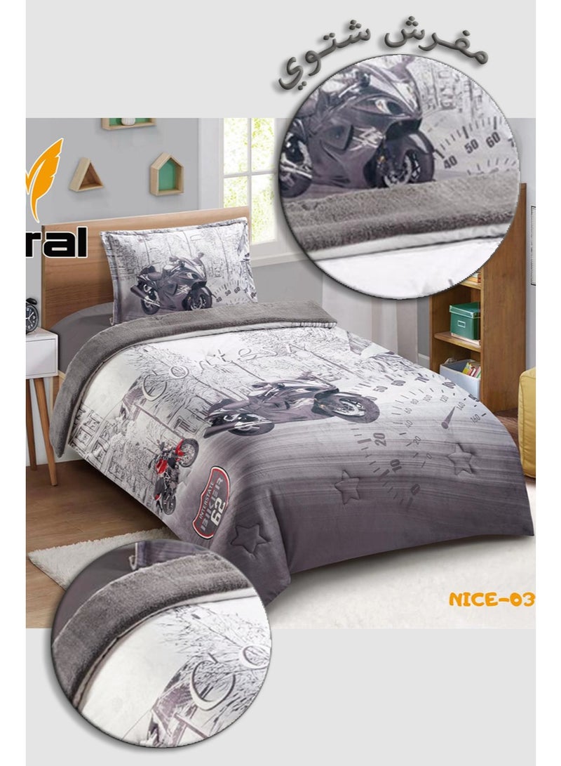 ميرال مفرش شتوي فخم , وجه مخمل ناعم ووجه فرو دافئ , 3 قطع - رسومات كرتونية - لحاف مقاس 160x210 سم - Image 3