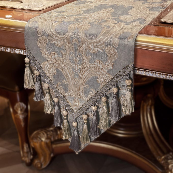 LUXURY TABLE RUNNER 72 INCHES LONG ELEGANT JACQUARD DINING TABLE RUNNERS WITH HANDMADE MULTITASSELS FOR DINING ROOM DRESSER PARTY HOLIDAY BANQUET DECORATIONGRAY 1372 INCH