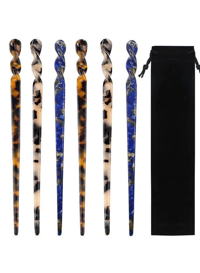 La Jolie Jasmin 6 Pieces Acetate Hair Sticks Vintage Tortoiseshell Hair Chopsticks Vintage Leopard Print Hairpin Chopsticks For Buns Hair Clips Hair Sticks For Long Hair Accessories With Flannel Bag For Women Girls - Image 1