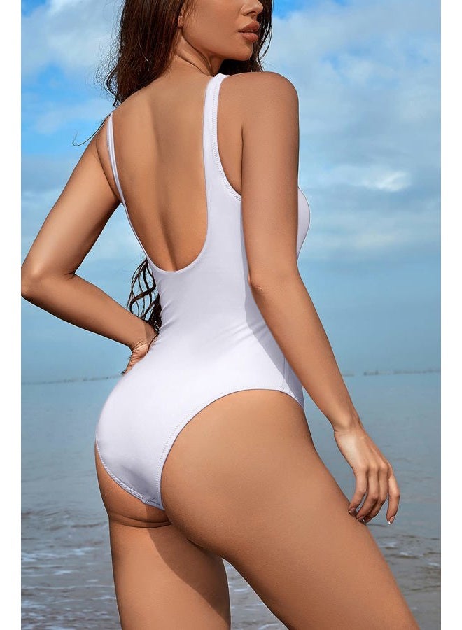 Meyeeka Women's One Piece Swimsuits Tummy Control Bathing Suits V Neck Swimwear High Cut Monokini, White, M - Image 2