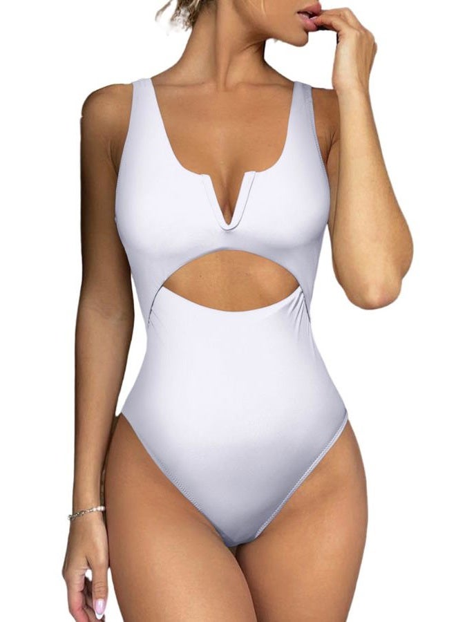 Meyeeka Women's One Piece Swimsuits Tummy Control Bathing Suits V Neck Swimwear High Cut Monokini, White, M - Image 1