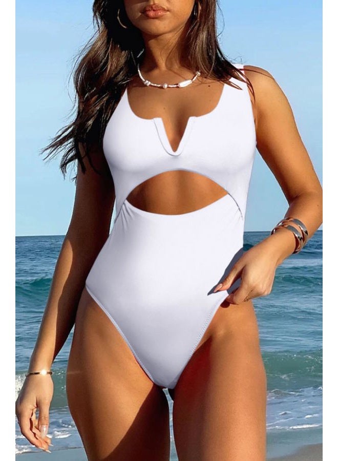 Meyeeka Women's One Piece Swimsuits Tummy Control Bathing Suits V Neck Swimwear High Cut Monokini, White, M - Image 3