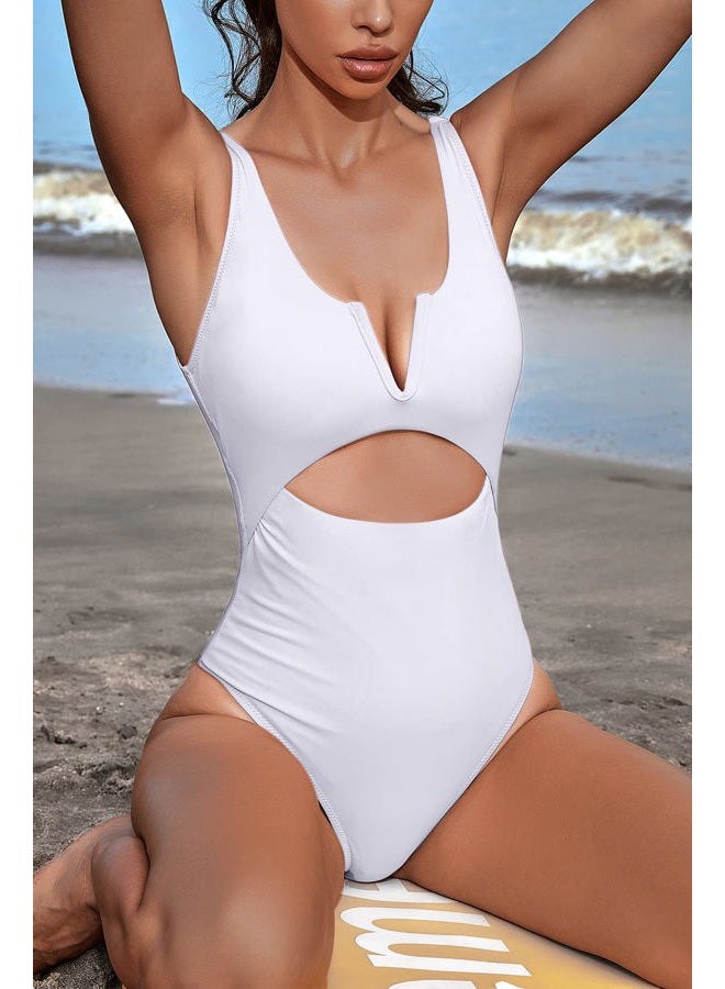 Meyeeka Women's One Piece Swimsuits Tummy Control Bathing Suits V Neck Swimwear High Cut Monokini, White, M - Image 5