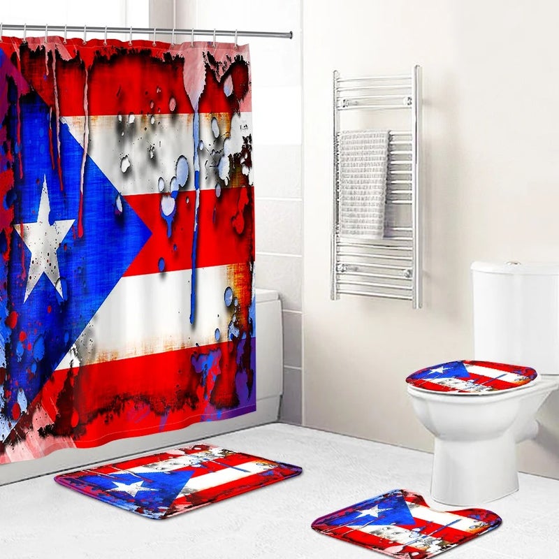 Y&D 4 Pcs Shower Curtain Sets Puerto Rico Flag Waterproof  Bathroom Set with Non-Slip Rugs Toilet Lid Cover Bath Mat - Image 1