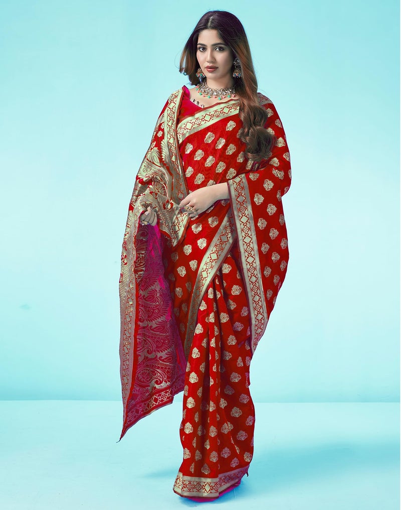 SIRIL Women's Kanjivaram Soft Silk Saree Pure Silk with Unstitched Blouse Piece (4049S458_Red) - Image 4