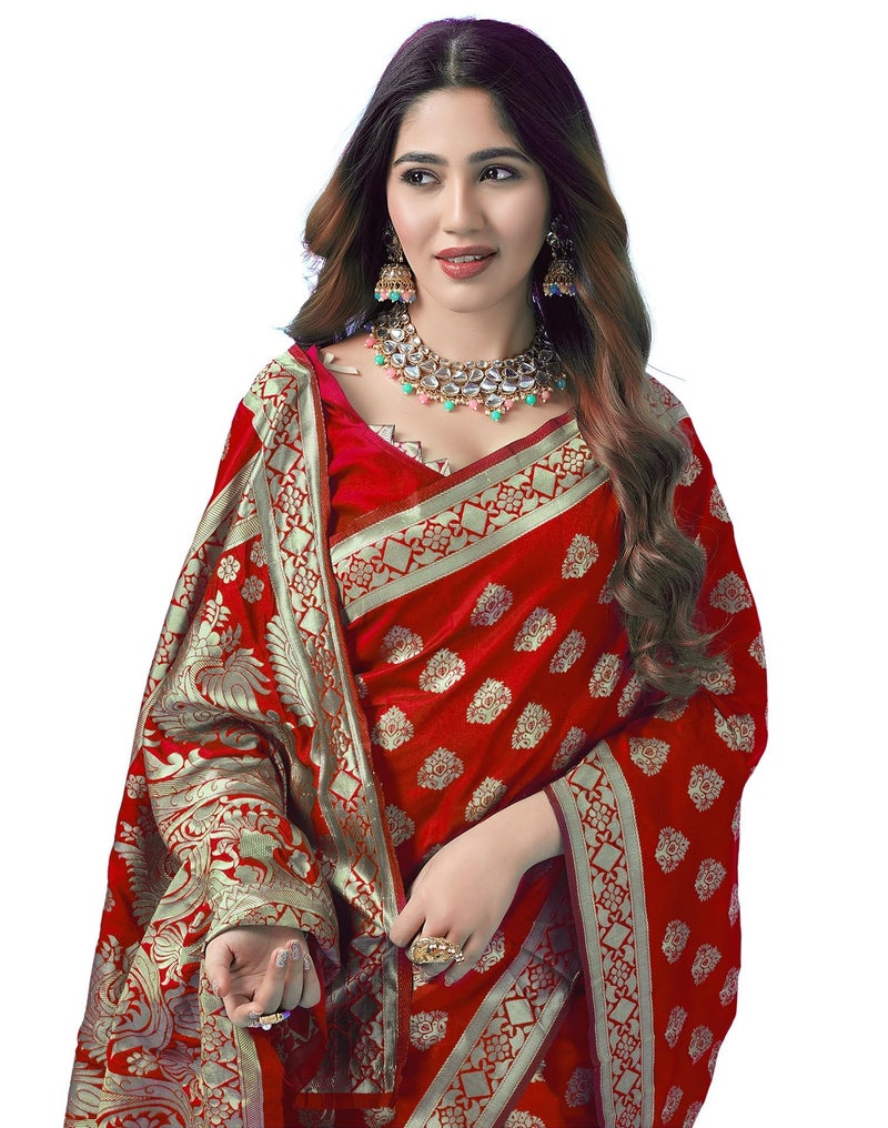 SIRIL Women's Kanjivaram Soft Silk Saree Pure Silk with Unstitched Blouse Piece (4049S458_Red) - Image 1